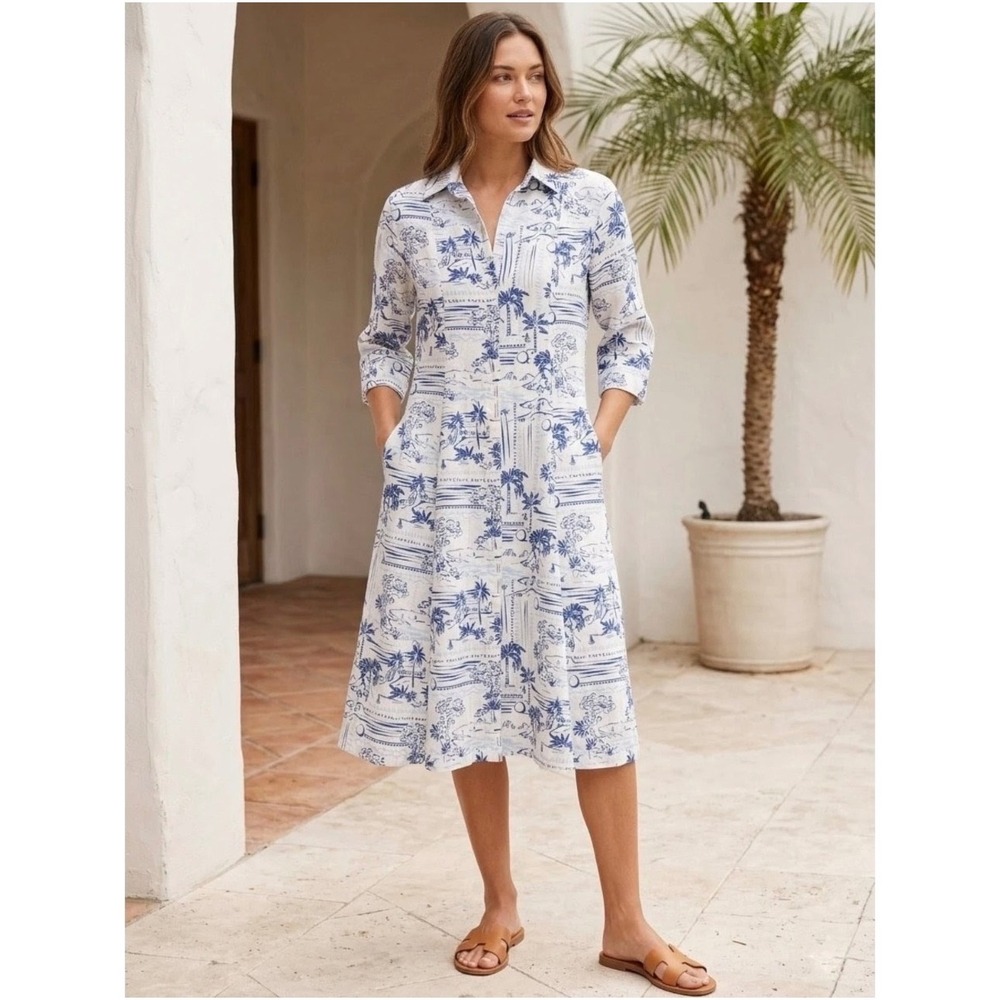 Calypso St Barth Blue White Tropez resort Linen Blend Midi Shirt Dress Large